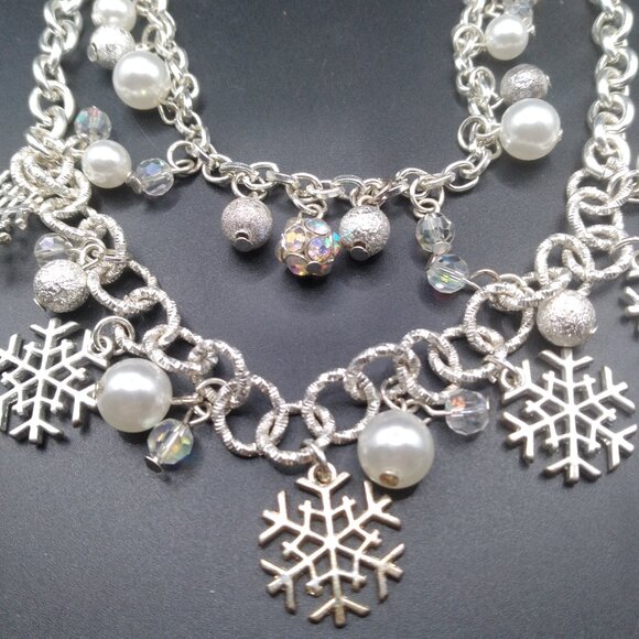 Silver tone Frosted Double Necklace with Snowflake charms faux pearls - Picture 1 of 4
